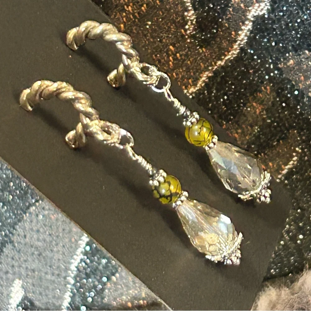 Handcrafted raindrop faceted rutilated quartz dragon vein hematite earrings